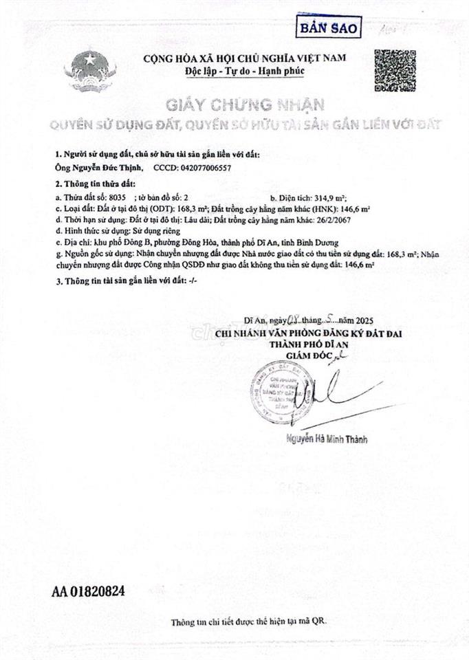 Bán nhà đưởng Trần Quang Khải, p. Đông Hòa, Tp. HCM, 315m2