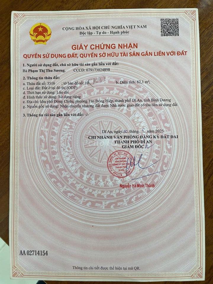 Bán đất thổ cư 62.1m2 sát đường Lê Hồng Phong, Dĩ An, Bình Dương