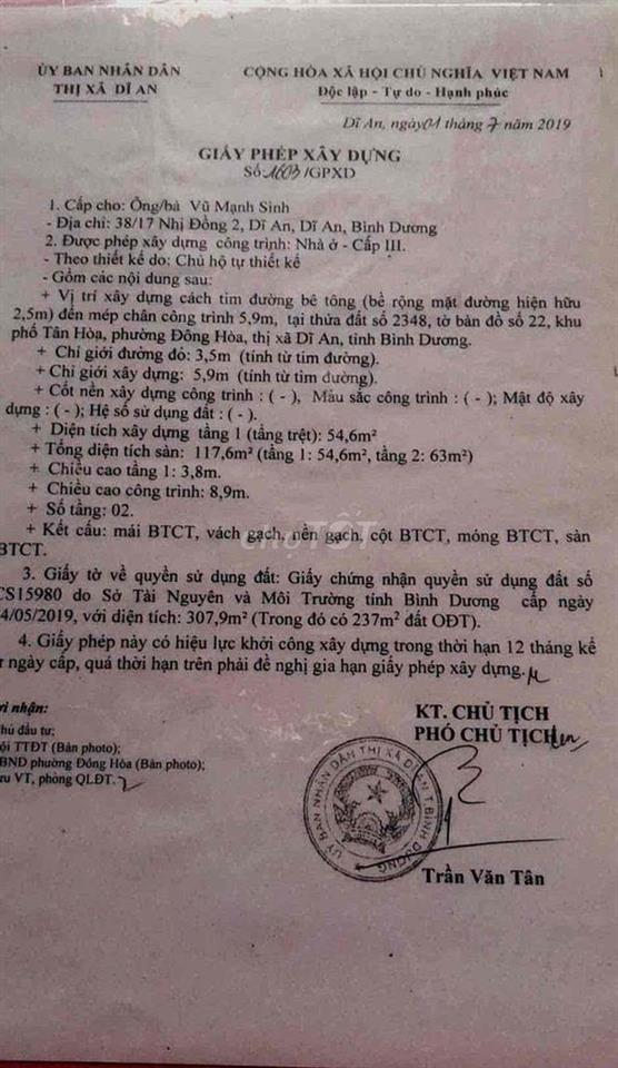 BÁN NHÀ ĐÔNG HOÀ - DĨ AN - TPHCM