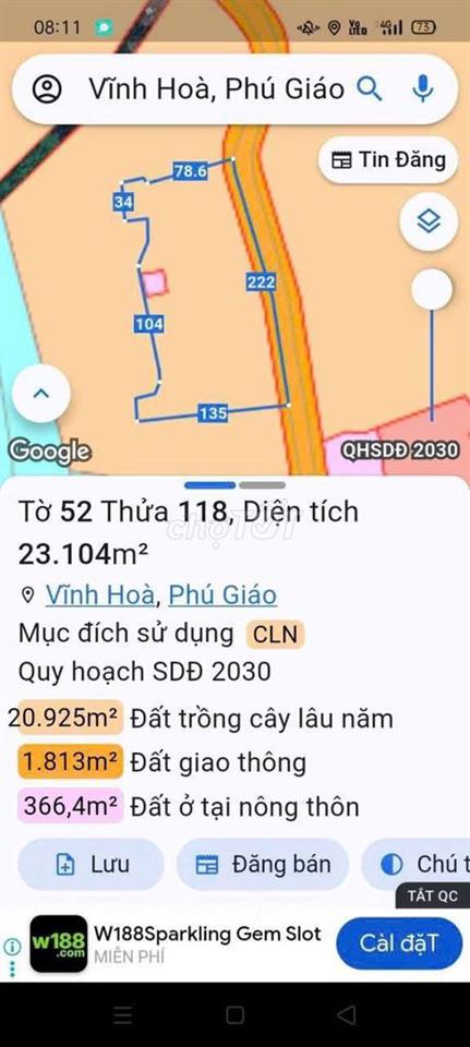 Đất Mẫu giá rẻ đường nhựa ĐH-513 xã Vĩnh Hòa, Phú Giáo 17 tỷ/ha