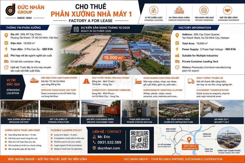 Nhà xưỡng cho thuê 19.000 m2- chuyên sản xuất