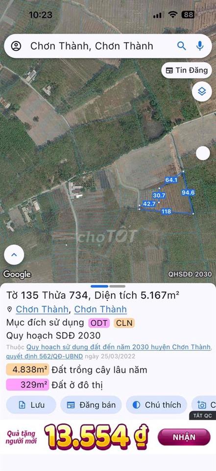 Bán Mãnh Sào 5.166m2 có sẵn thổ cư 100m