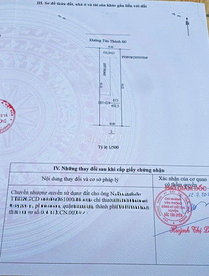 Bán đất mặt tiền đường Tân Thành 60