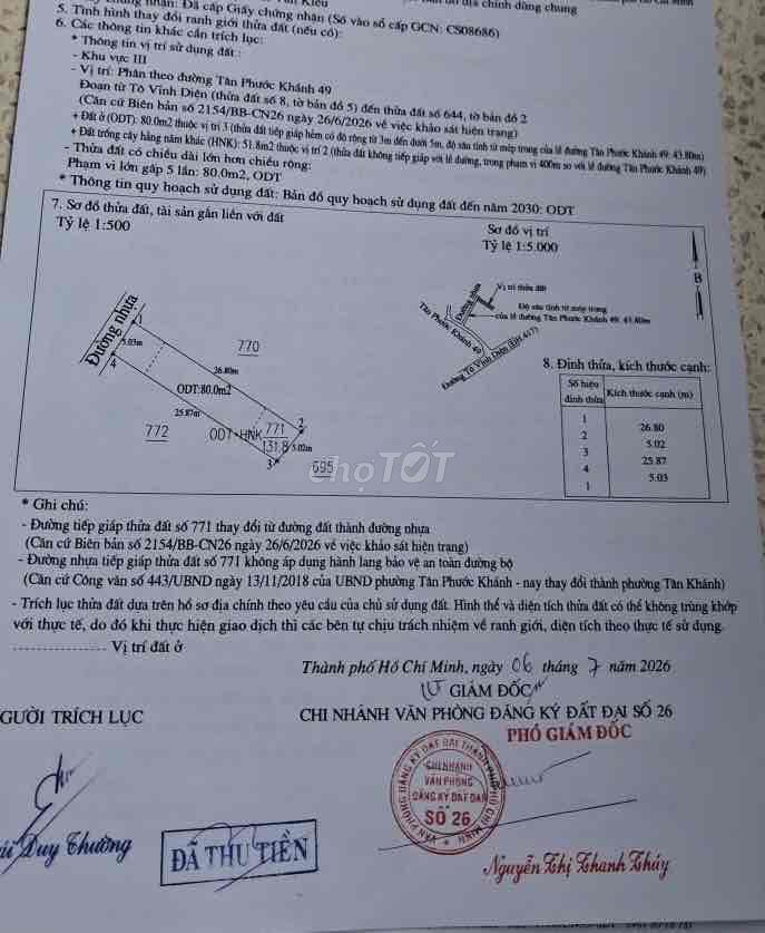 Đất thổ cư 131,8m2 đường nhựa Tân Phước Khánh 49