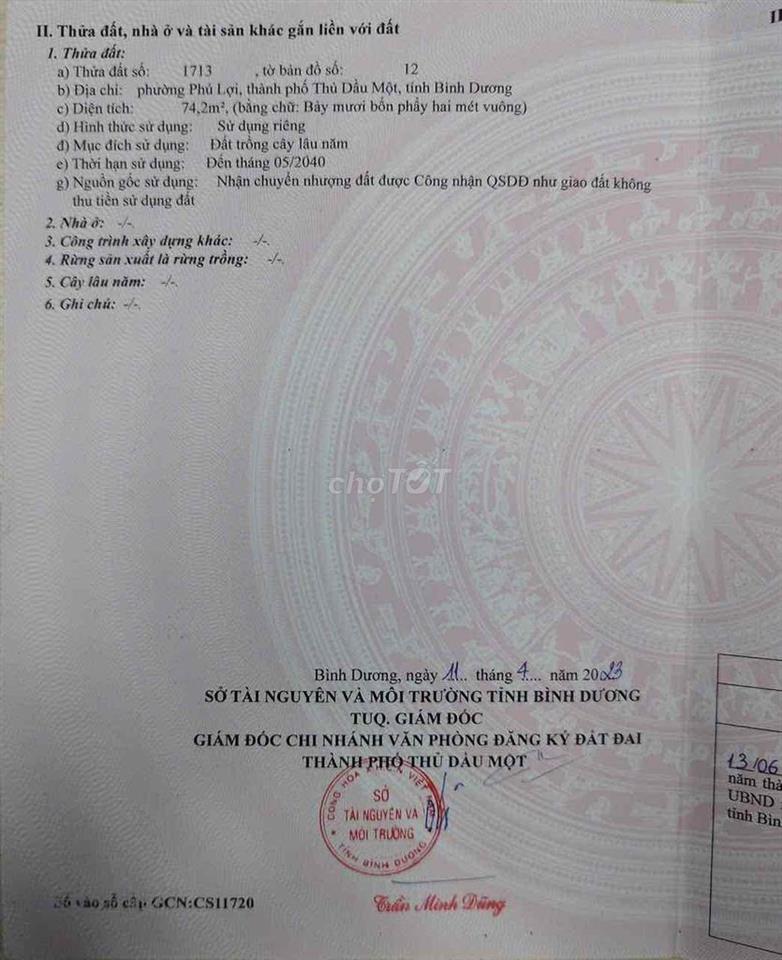 Bán đất trung tâm phường Phú Lợi, Thủ Dầu Một