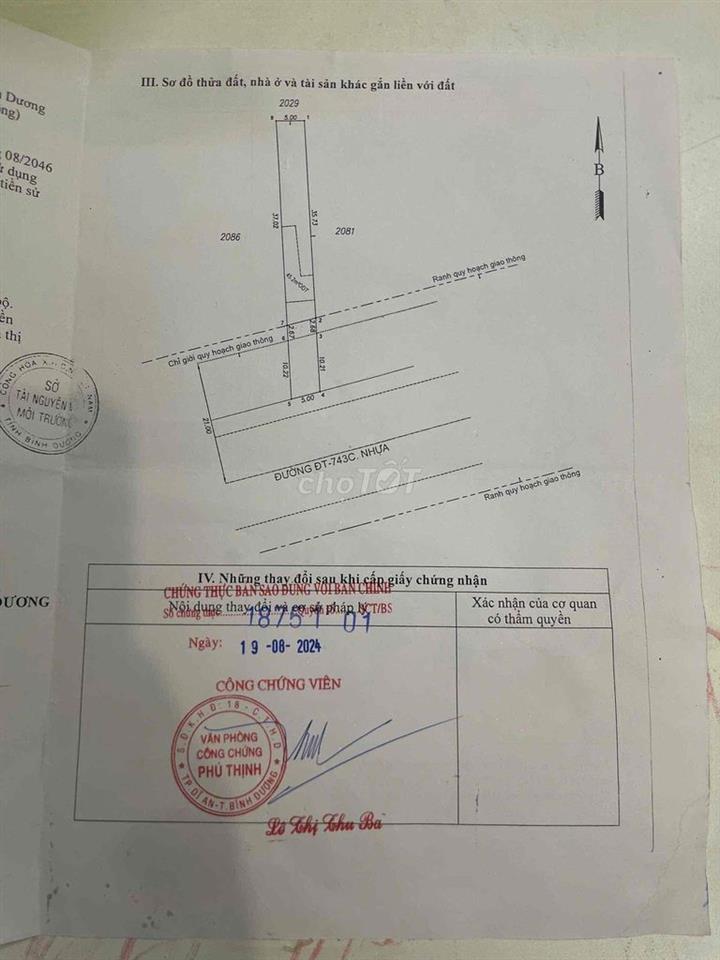 Chính chủ bán đất 250m2 Mặt tiền Đt 743 gần Vincom 550 Dĩ An
