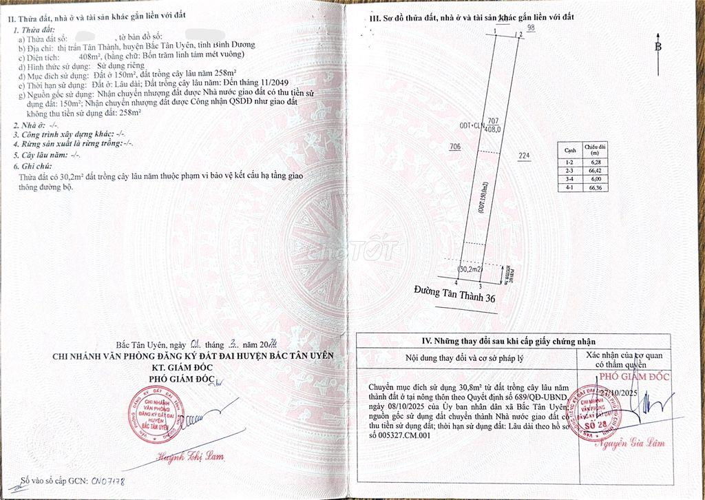 BÁN ĐẤT TÂN THÀNH 36 CHÍNH CHỦ  FULL THỔ CƯ – 408m² – ĐƯỜNG NHỰA ĐẸP