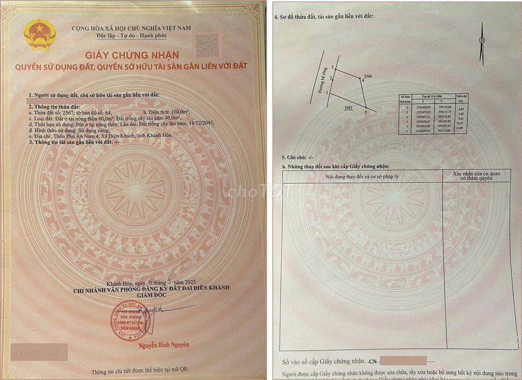 Đất Diên An mặt tiền đường Cây Dầu - Diên An - Khánh Hòa