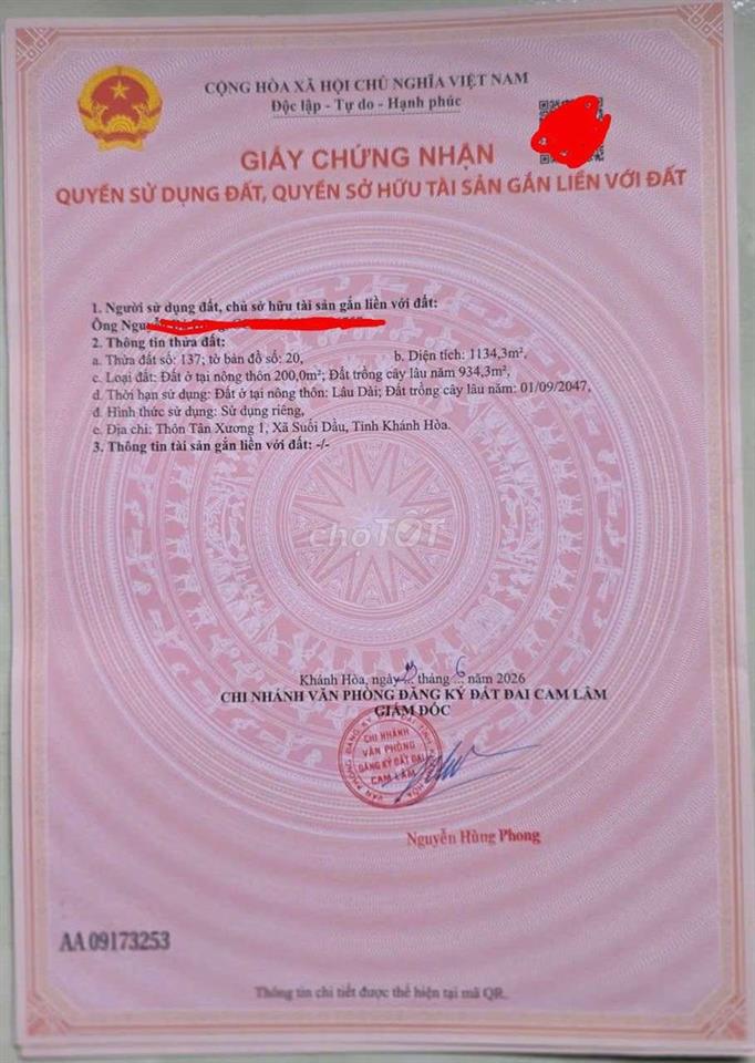 Bán đất thổ cư tại Suối Dầu, Khánh Hòa.