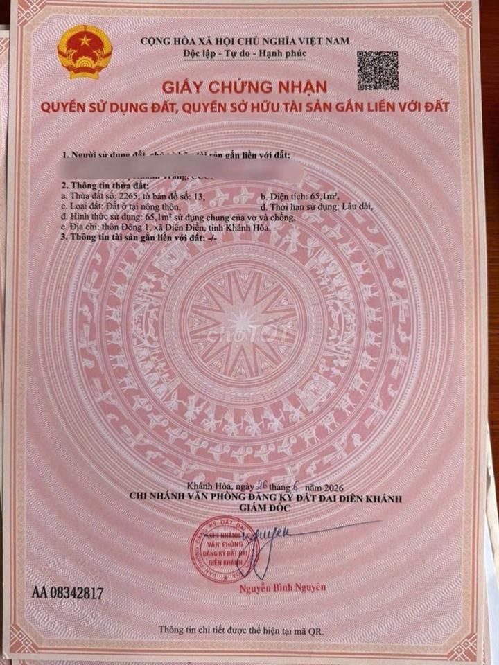 Bán đất thổ cư 65m2 đến 108m2 sát bên Bệnh viện đa khoa Diên Khánh