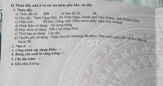 Đất chính chủ thổ cư toàn bộ Ngọc Hội Vĩnh Ngọc Nha Trang