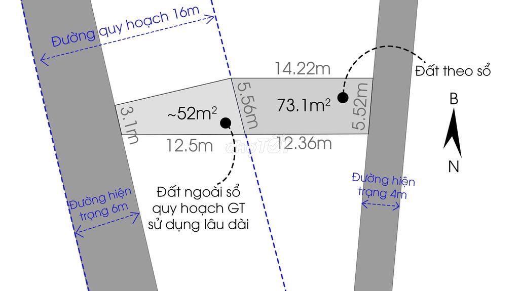 Hai mặt tiền, tổng diện tích: 125m vuông (73 theo sổ và 52QHGT)