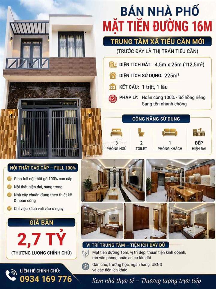 CHÍNH CHỦ CẦN BÁN NHÀ 225M2 2.7 TỶ SHR MT TRUNG TÂM XÃ TIỂU CẦN MỚI