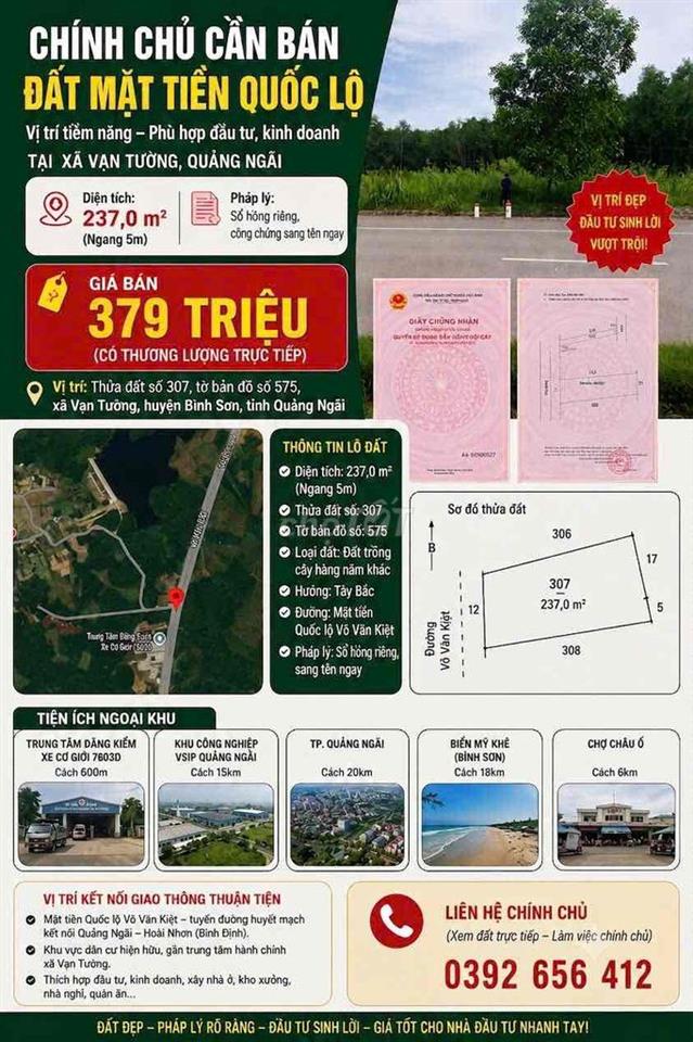 🔥379 Triệu- chính chủ bán 237m2 Đất Vạn Tường, Quảng Ngãi