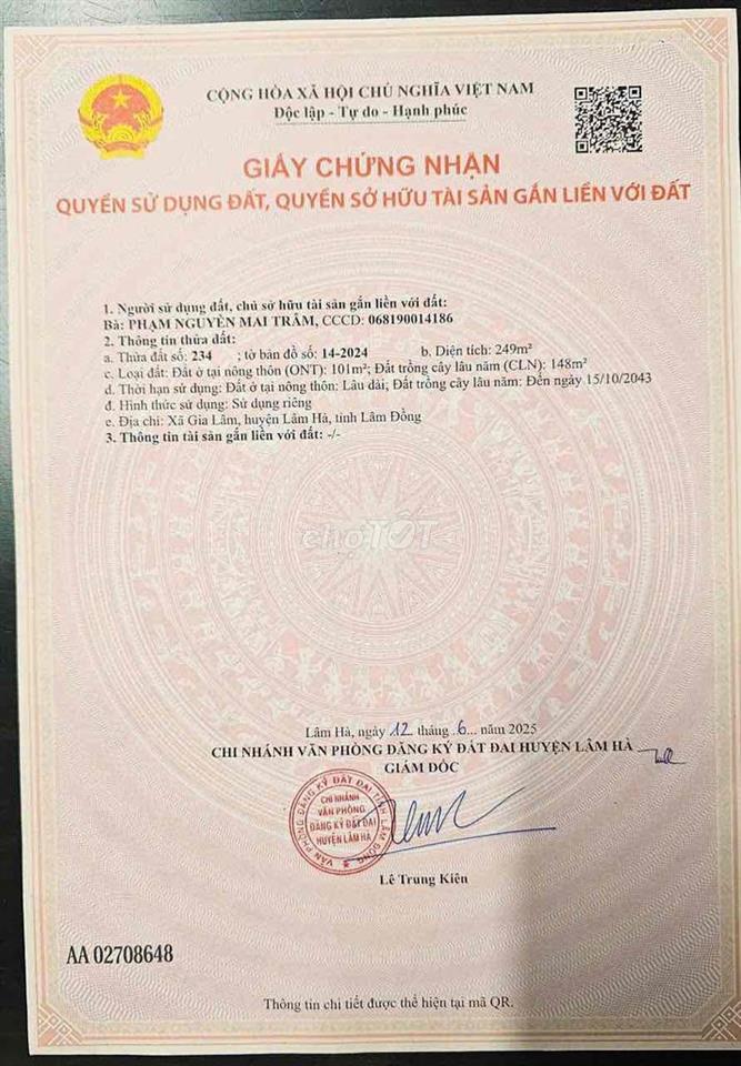 LÂM ĐỒNG 250m có 100 thổ cư