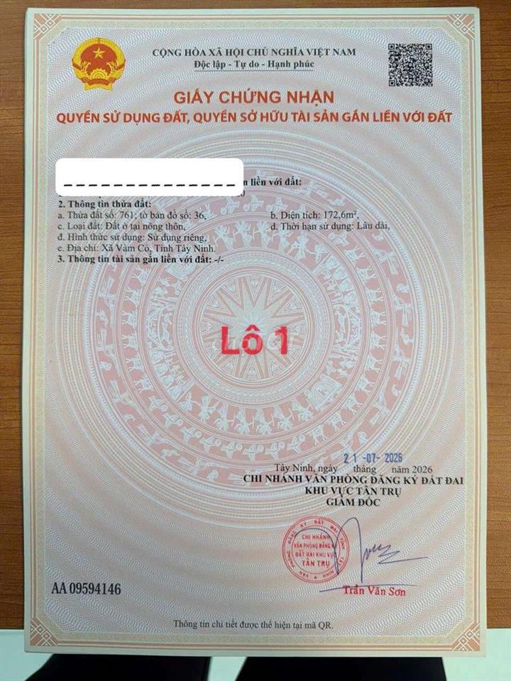 Hàng Vip, 170m2 đất thổ cư đối diện trường học Võ văn Mùi