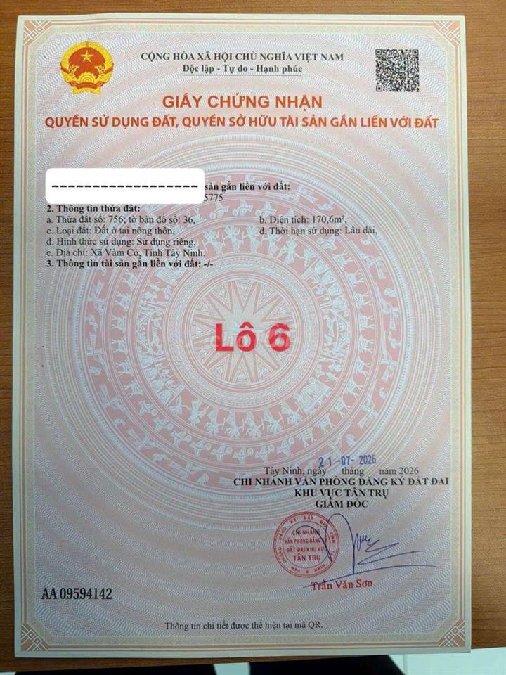 Hàng Vip, 170m2 đất thổ cư đối diện trường học Võ văn Mùi