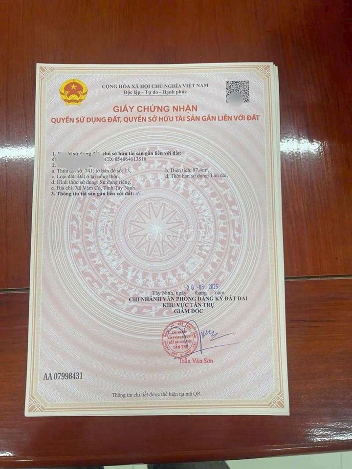 chỉ 239tr sở hữu 87m2 đất thổ cư Kdc Vàm Cỏ