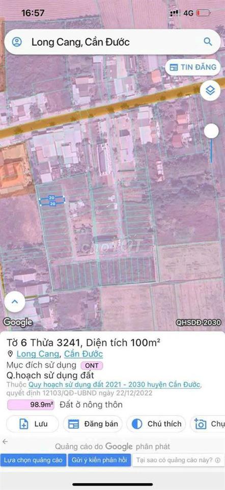 ĐẤT THỔ CƯ 100M2 LONG CANG, CẦN ĐƯỚC