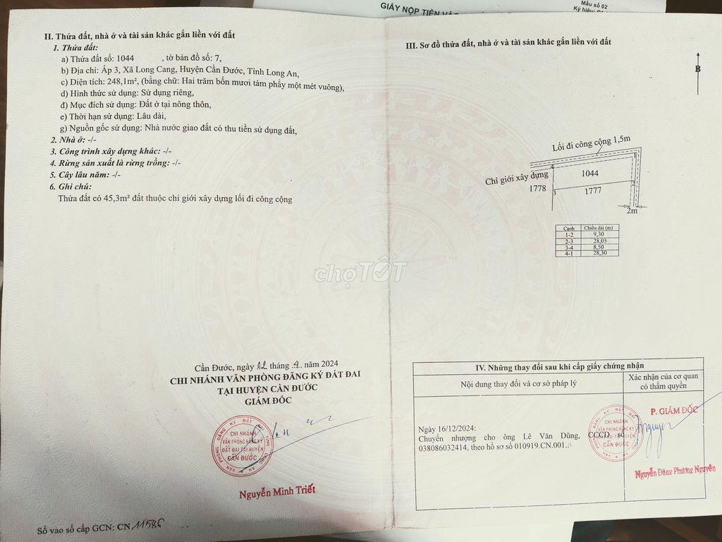 CHÍNH CHỦ BÁN ĐẤT THỔ CƯ XÃ LONG CANG – CẦN ĐƯỚC, LONG AN