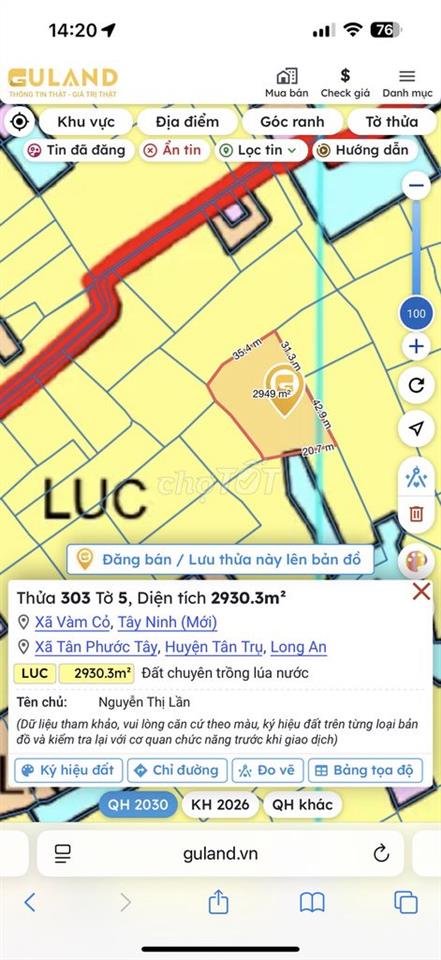 Cần bán 2930 mét vuông đất lúa