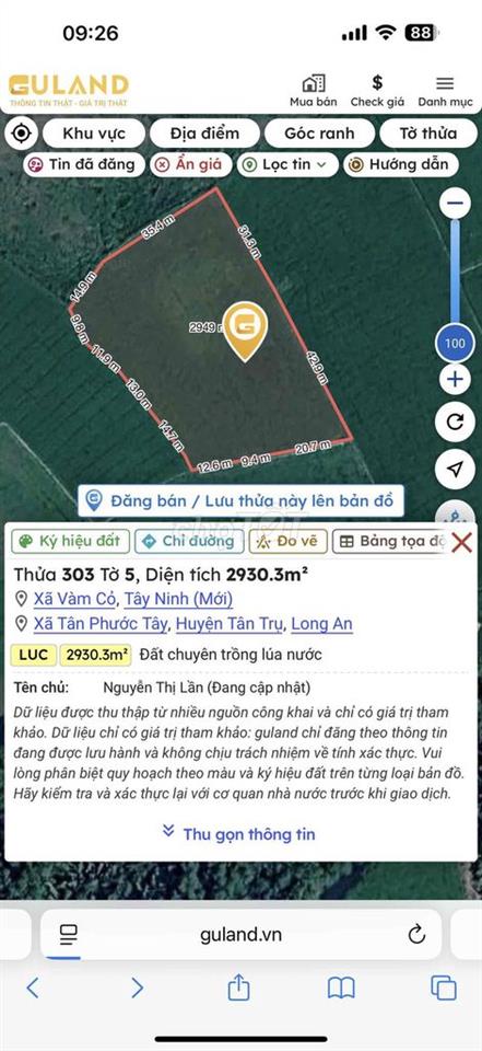 Cần bán 2930 m2 đất lúa ven sông Vàm Cỏ Đông