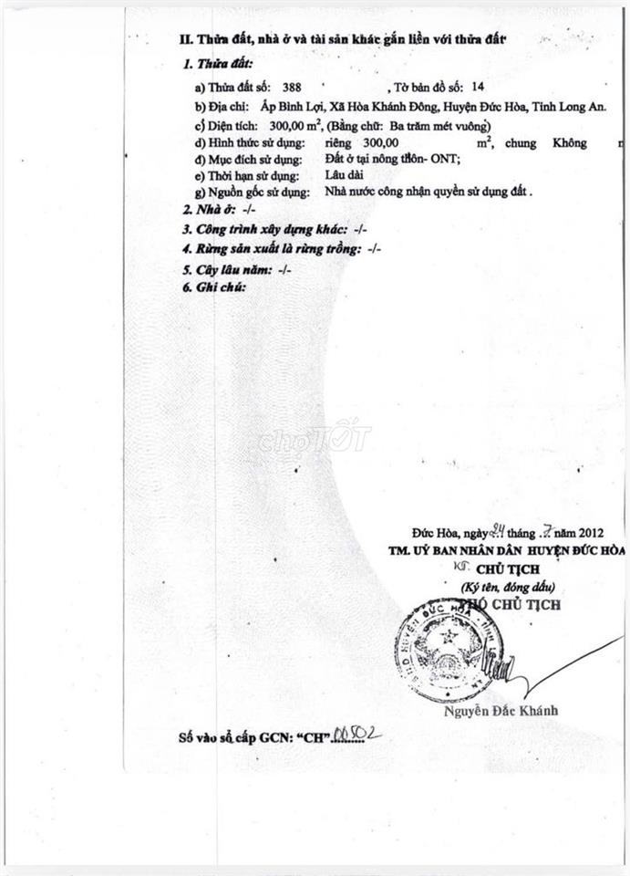 Bán đất MT đường QL N2 Hoà Khánh Đông Long An