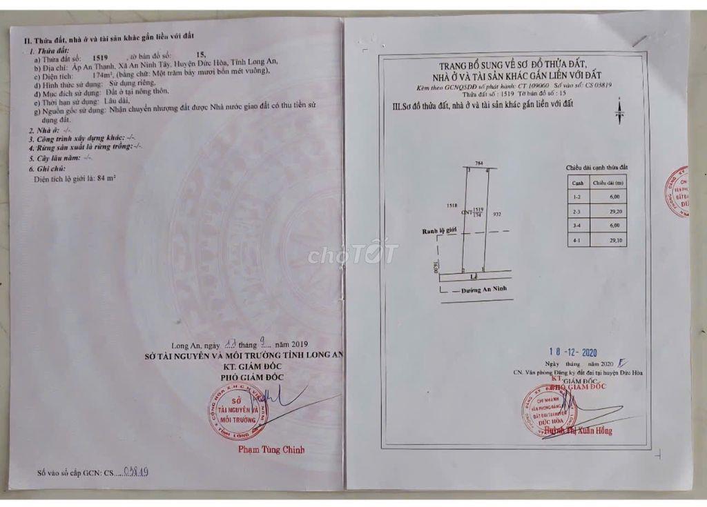 BÁN GẤP ĐẤT THỔ CƯ 174M² – AN NINH TÂY, ĐỨC HÒA – GIÁ 1 TỶ 2