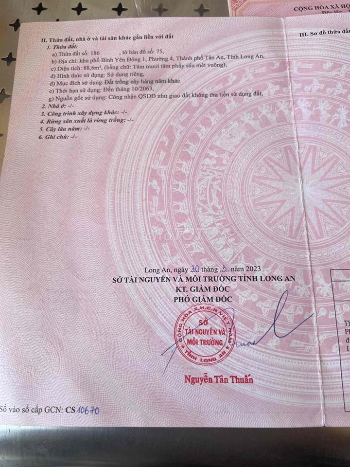 Cần Bán Gấp Đất Ở Đô Thị (Trần Phong Sắc, TP Tân An, Long An)