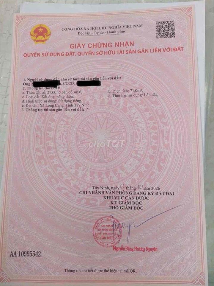 chính chủ cần bán nền đất khu dân cư tây nam center mặt tiền 71m2