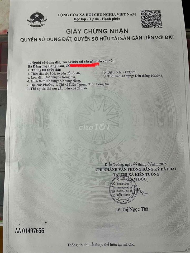 Cần bán 2179 m2 đất lúa . trung tâm thị xã Kiến Tường , Long An