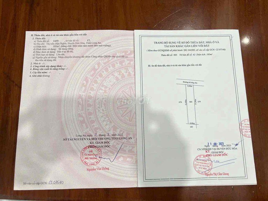 chính chủ gửi bán lô đất Tại xã Hậu Nghĩa cách vành đai 4 100m