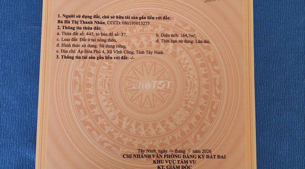 chính chủ cần bán lô đất thổ cư thuộc Hoà Phú Châu Thành