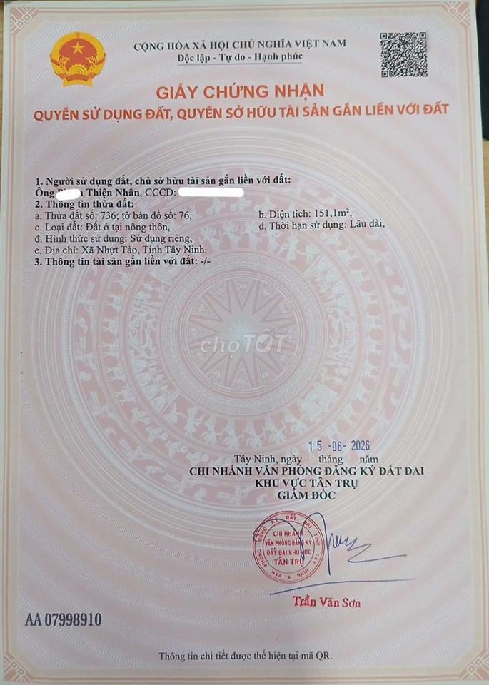 Bán gấp đất mặt tiền Nguyễn Thị Điểm huyện Tân Trụ tỉnh Long An
