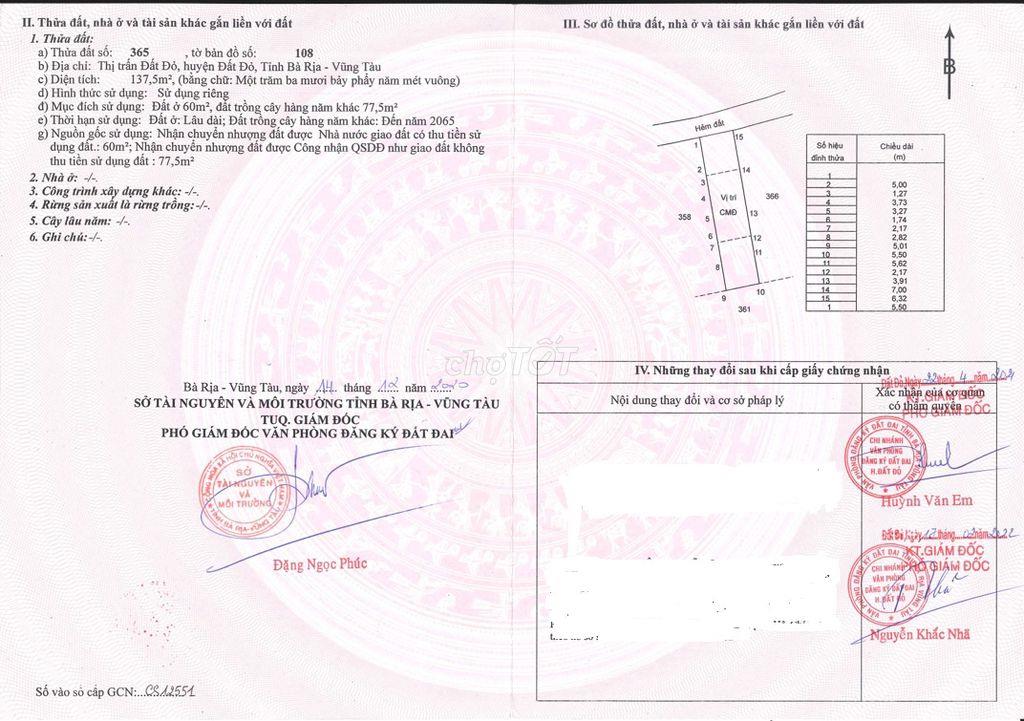 ĐẤT THỔ CƯ MẶT TIỀN CHÍNH CHỦ-THỊ TRẤN ĐẤT ĐỎ BRVT-CẦN BÁN GẤP