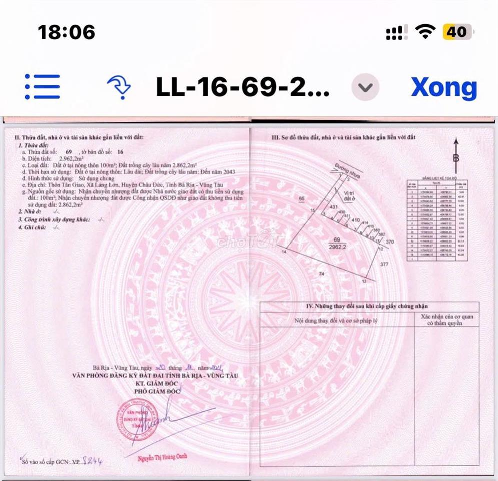 Đất mặt tiền Xã Láng Lớn Huyện Châu Đức, 2962 m2(100m2 Thổ cư), 2,2 tỷ