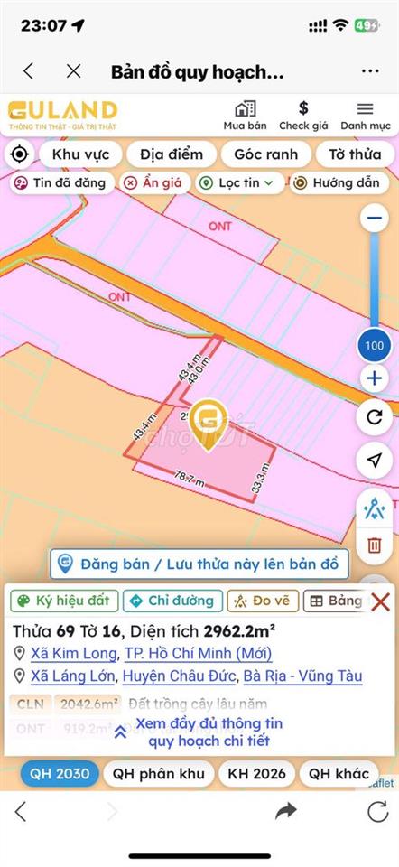 Đất mặt tiền Xã Láng Lớn Huyện Châu Đức, 2962 m2(100m2 Thổ cư), 2,2 tỷ