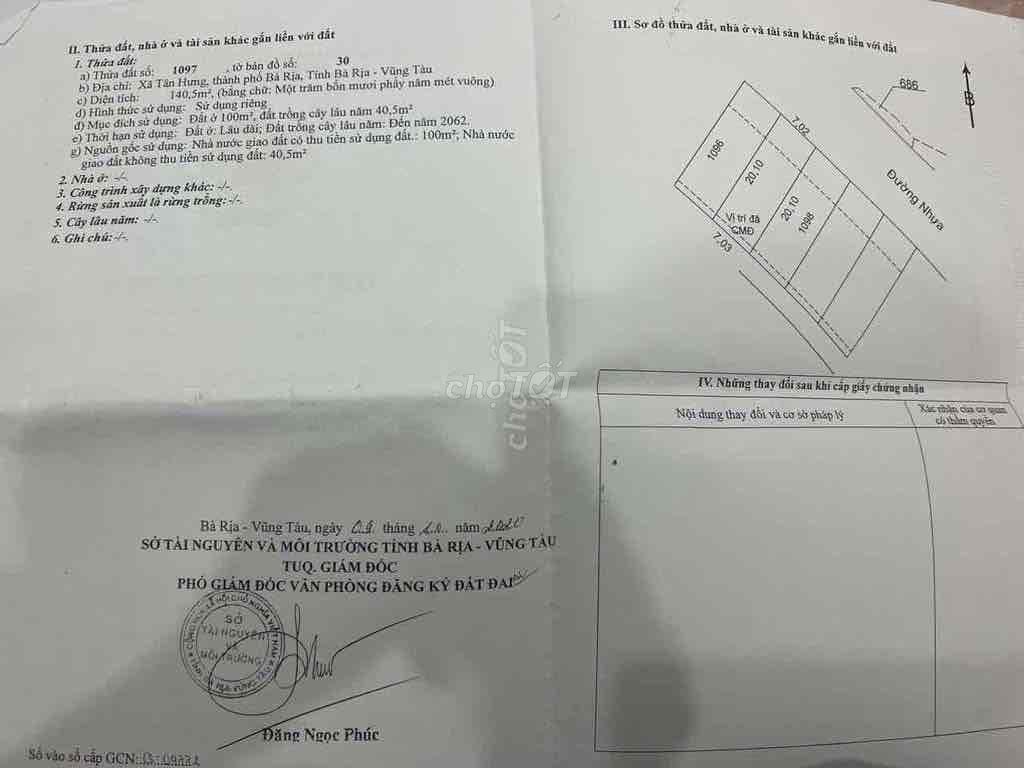 Cần bán 141m2 thổ cư Tân Hưng Bà Rịa (Long Hương, TPHCM), chỉ 9.8tr/m2