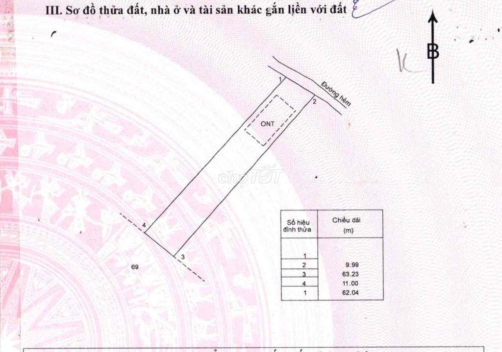 Bán đất hẻm bê tông 4m. Tổng diện tích đất: 652,2m. Có 100m thổ cư.