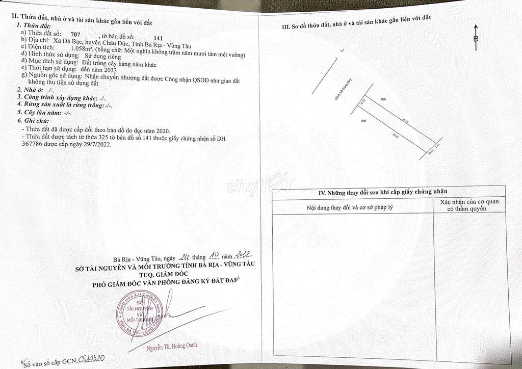 bán đất tại xã Đá Bạc phía sau khu công nghiệp Đá Bạc huyện Châu Đức