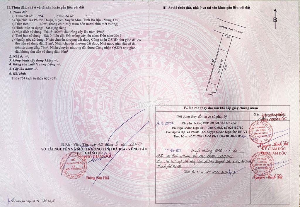 Bán đất đường Xuyên Phước Cơ, Huyện Xuyên Mộc (Xã Hồ Tràm mới)