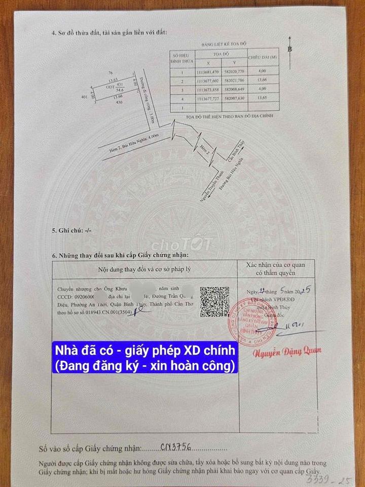 BAN NHA HEM 2 CHỢ BINH THỦY