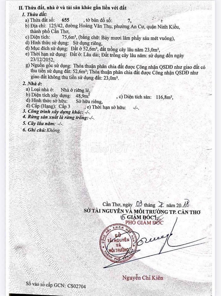 Bán nhà trệt lầu hẻm 125 Hoàng Văn Thụ, An Cư, Ninh Kiều, TPCT
