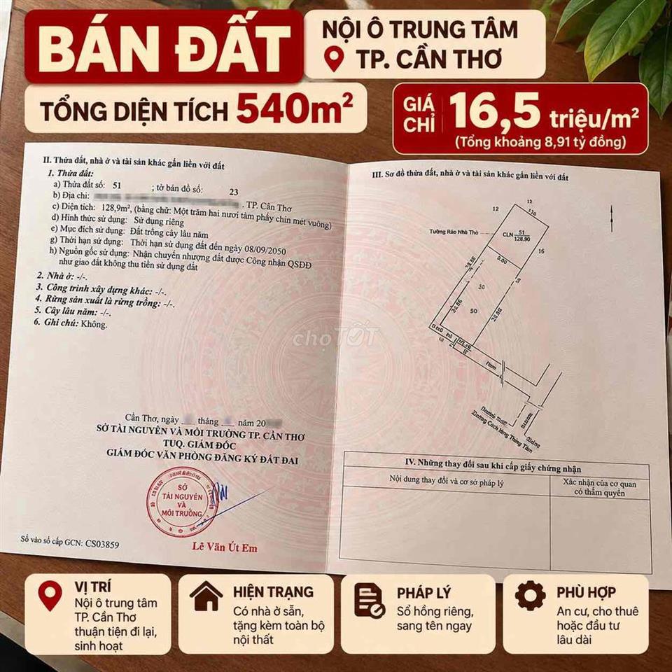 Bán 540m2 đất tại trung tâm Thành phố Cần Thơ