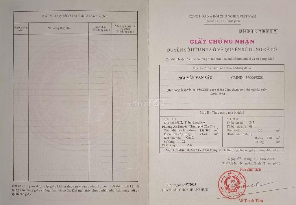 Cần bán nhà 98/2 Trần Hưng Đạo Phường Ninh Kiều TP Cần Thơ