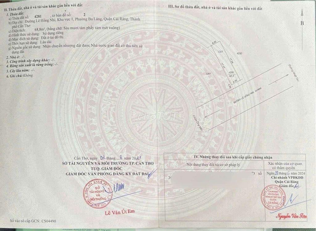 BÁN NỀN THỔ CƯ 68,8M² CÓ SẴN NHÀ CẤP 4 MẶT TIỀN LÊ HỒNG NHI, CÁI RĂNG