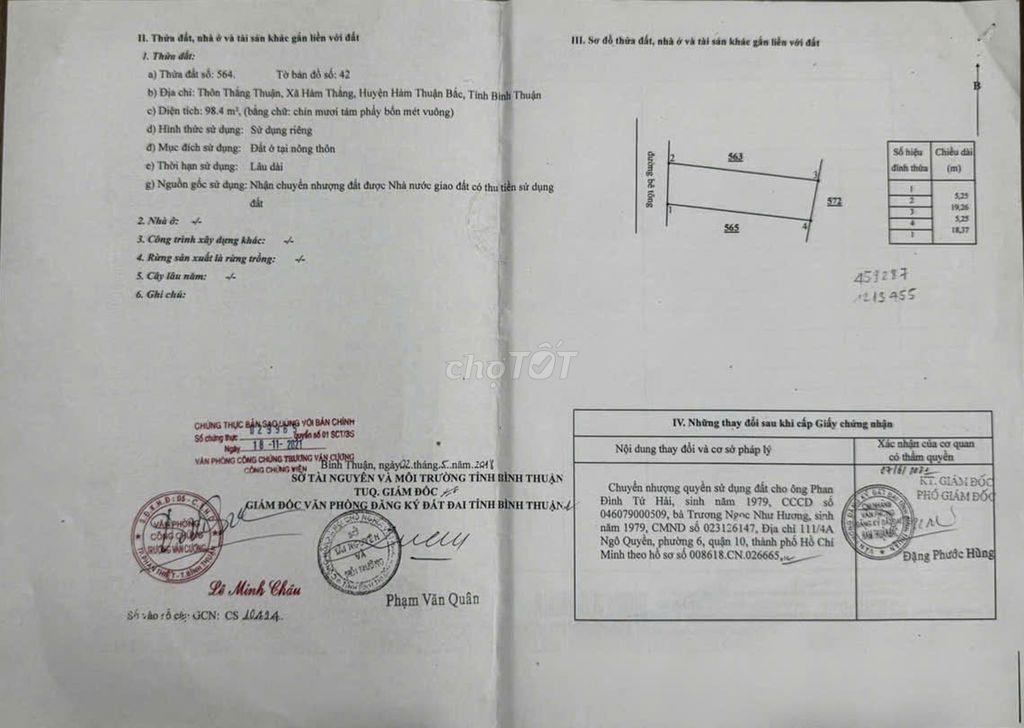 Cần bán lô đất 98m2 Hướng Tây Đất ở nông thôn ở Hàm Thuận Bắc