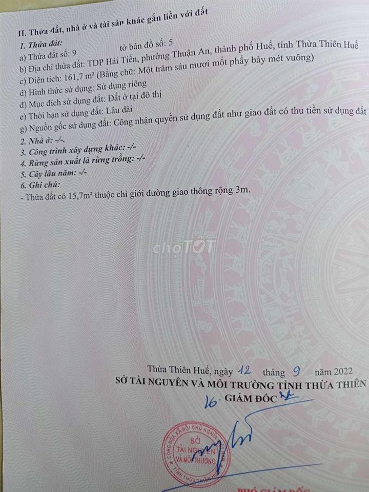 chính chủ cần bán đất phường Thuận An Huế 