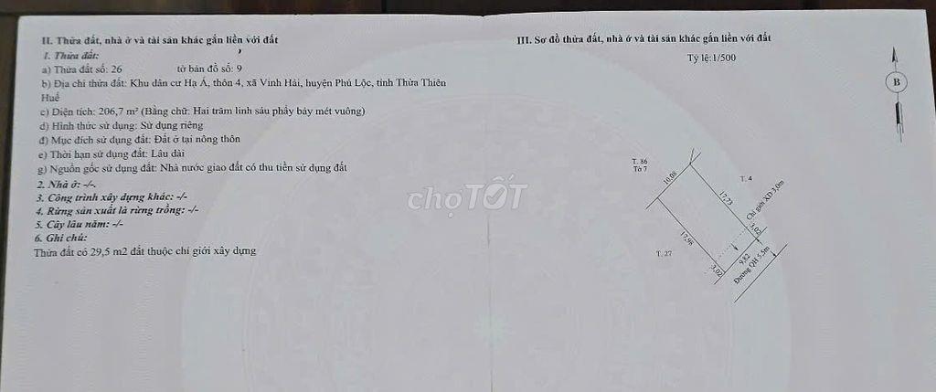 Bán lô đất đường 5.5m, 206 m2 thổ cư, gần biển, thôn 4, Vinh Hải (cũ)