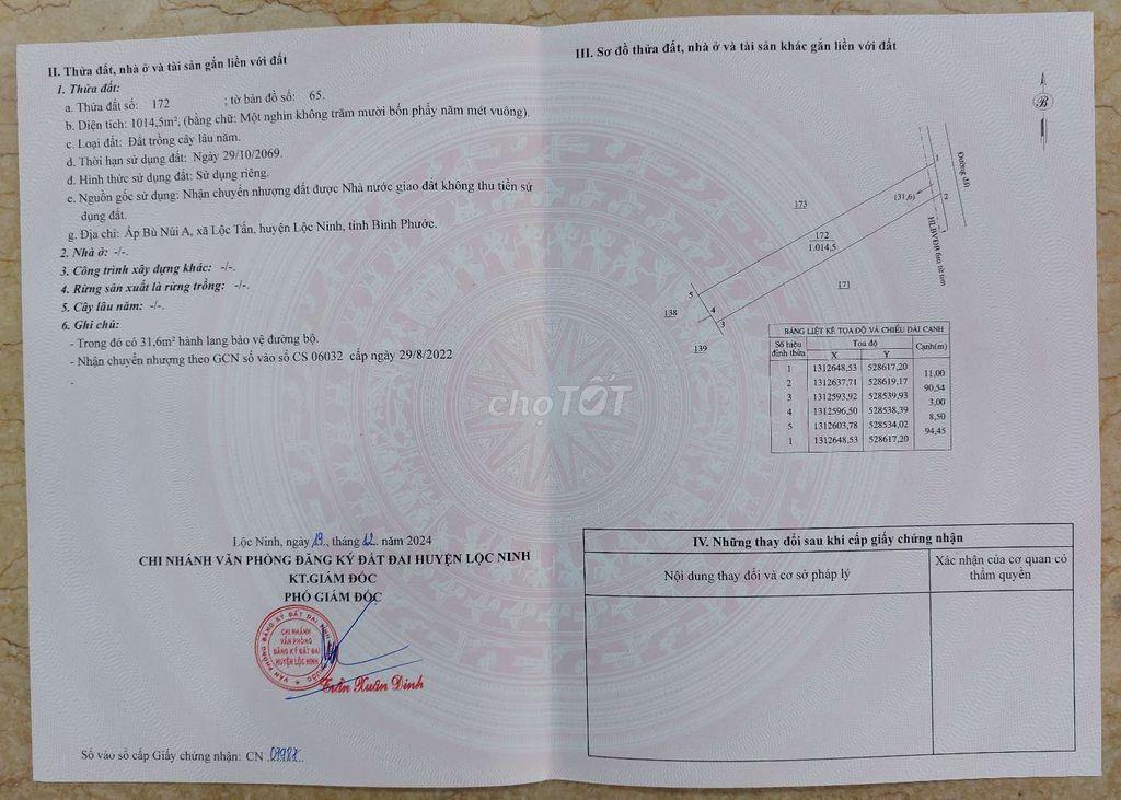 Bán đất sào 1014m2 giá rẻ 179tr tại Lộc Tấn, Đồng Nai.